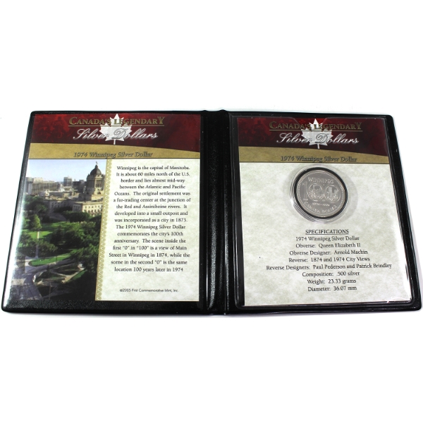 1974 Winnipeg Silver Dollar in First Commemorative Mint Holder