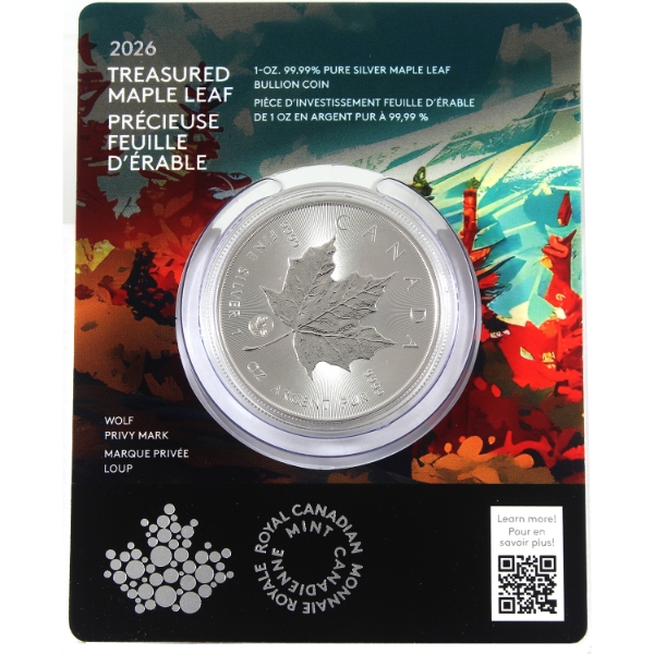 2026 $5 Treasured Maple Leaf w/ Wolf Privy 1oz .9999 Fine Silver Coin (Tax Exempt)