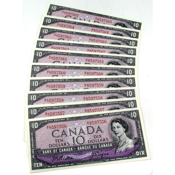10x BC-40a 1954 $10 Modified Portrait Consecutive UNC Beattie-Coyne SN: B/T8597556-"65. 10pcs.