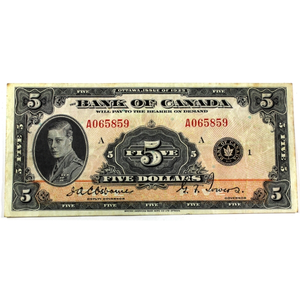 BC-5 1935 $5 English AU or Better, Osborne-Towers SN: A065859