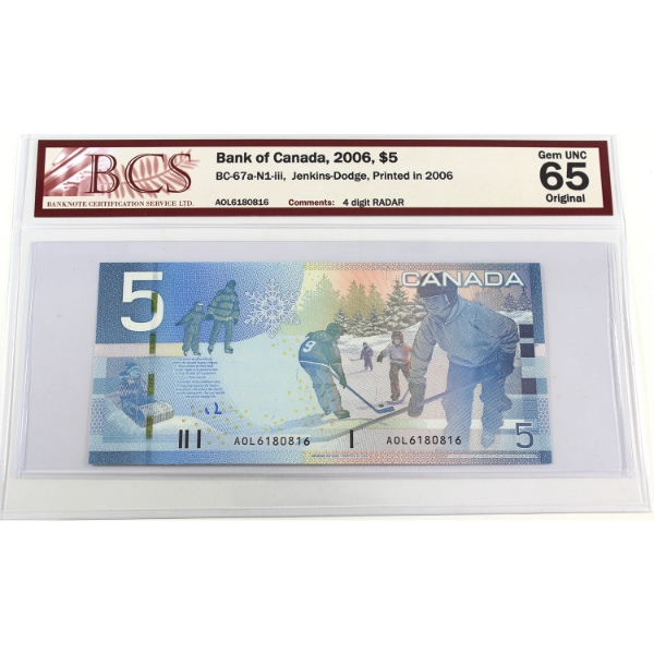 RADAR BC-67a-N1-iii 2006 $5 4-digit RADAR BCS GEM UNC65 Original Jenkins-Dodge Printed in 2006