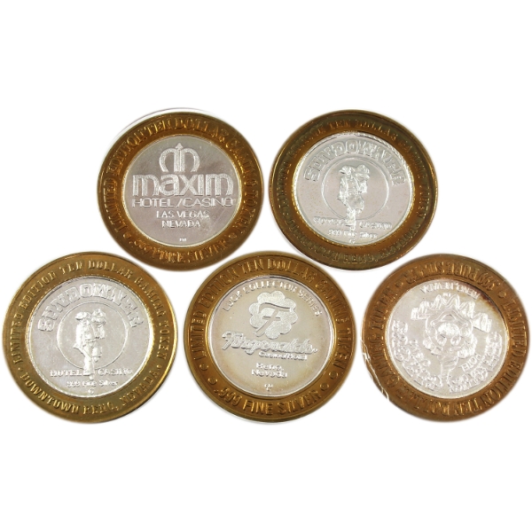 Special Edition 10 Dollar .999 Fine Silver Casino Gaming Tokens. 5pcs (Tax Exempt)