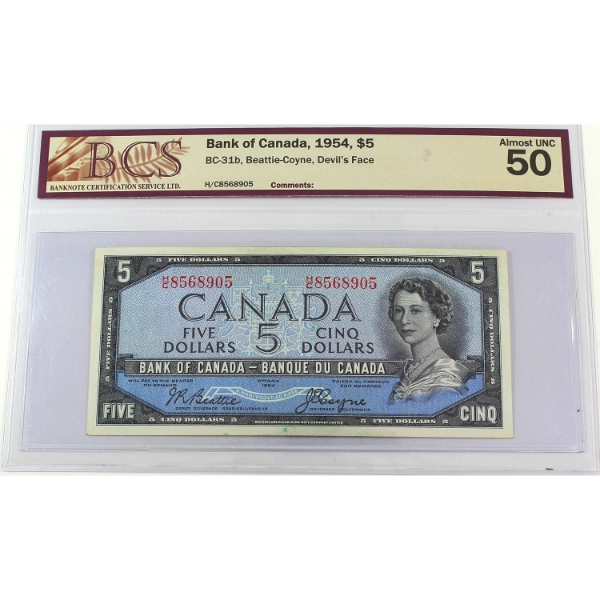BC-31b 1954 $5 Devil's Face BCS AU50 Beattie-Coyne SN: H/C8568905
