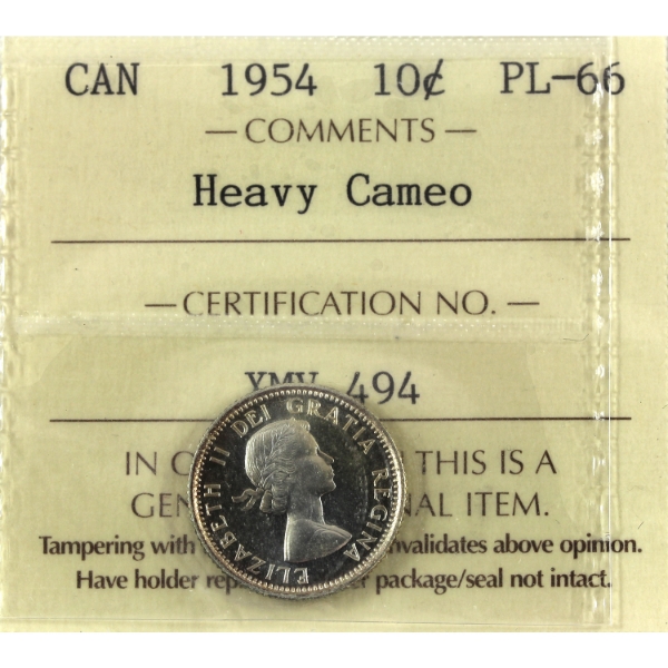 10-cent 1954 ICCS PL66 Heavy Cameo