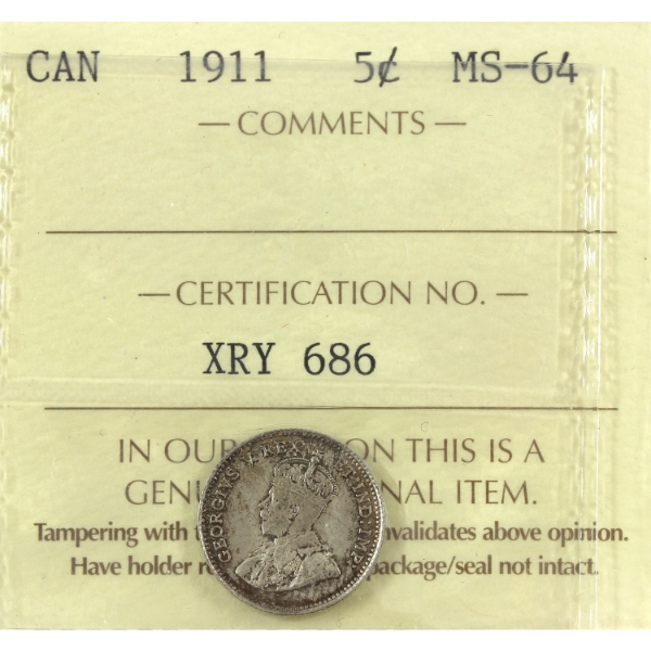5-cent 1911 ICCS MS64