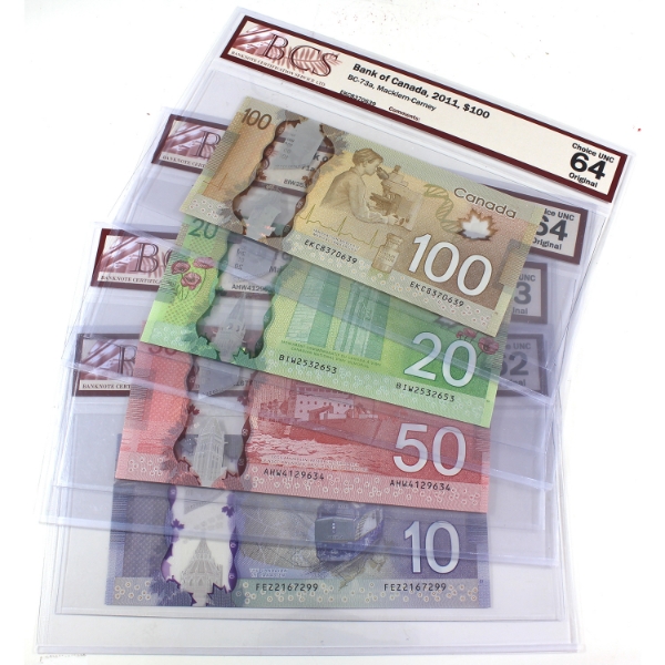 Group Lot of Bank of Canada 2011-2013 $10-$100 BCS CUNC62 to CUNC64 Original Macklem-Carney. 4pcs