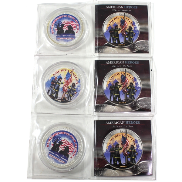 3x 1oz 2001 $1 Silver Eagle American Heroes .999 Fine Silver Coins. 3pcs (Tax Exempt)
