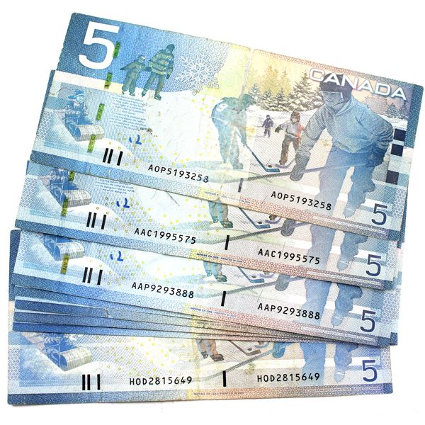 10x 2002/2006 $5 Journey Series Notes - 4x With Security Strip & 6x Without, Avg. Condition. 10pcs