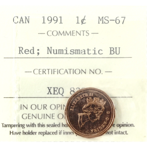 1-cent 1991 ICCS MS67 Red, NBU