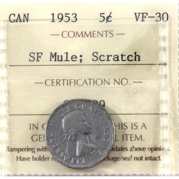 5-cent 1953 SF Mule ICCS VF30 (Scratch)