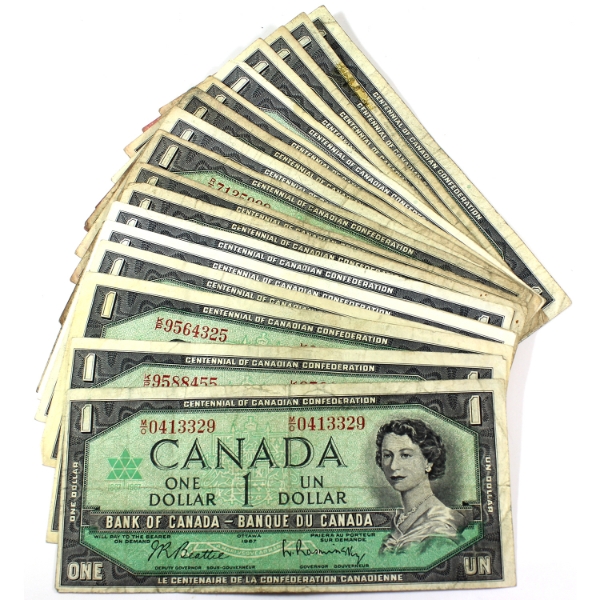 21x 1867-1967 Bank of Canada $1 Commemorative Centennial Notes. 21pcs