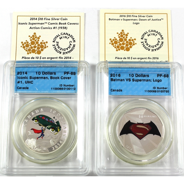 2014 & 2016 $10 Superman & Batman VS. Superman 1/2oz .9999 Fine Silver Coins CCCS PF68. 2pcs.