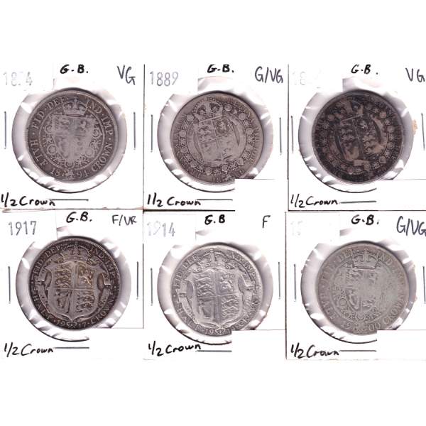Bulk Lot of Great Britain Silver 1889-1917 1/2 Crown F to VG. 6pcs.