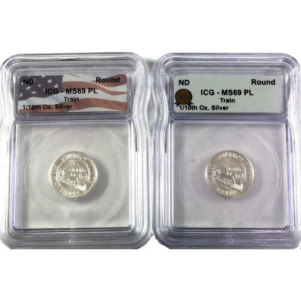 2x 1/10oz MPM Train .999 Fine Silver Round ICG MS69 PL. 2pcs. (Tax Exempt)