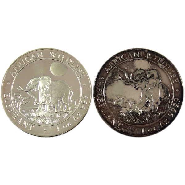 2x 1oz Somali Republic 2011 & 2016 100 Shillings African Wildlife - Elephant Fine Silver Rounds.