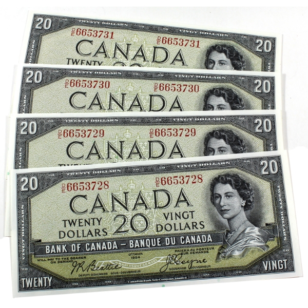 BC-33b 1954 $20 Devil's Face Consecutive UNC or Better Beattie-Coyne SN: D/E6653728-"31. 4pcs.
