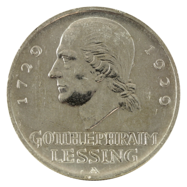Germany-Weimar Republic Silver 1929A 5 Reichsmark Lessing AU-UNC