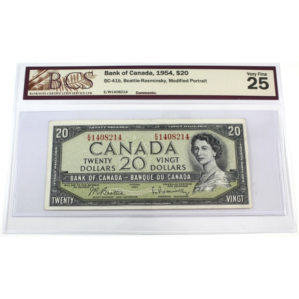 BC-41b 1954 $20 Modified Portrait BCS VF25 Beattie-Rasminsky SN: E/W1408214