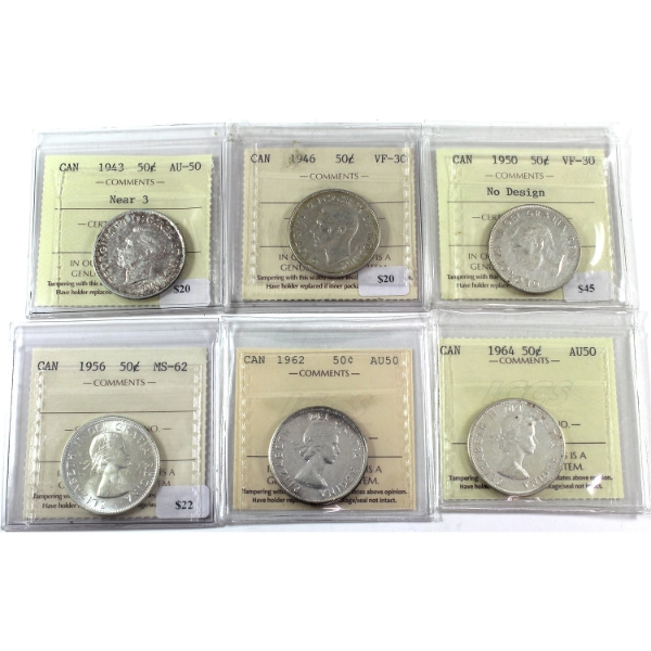 50-cent 1943 Near 3 AU50, 1946 VF30, 1950 No Design VF30, 1956 MS62, 1962 AU50 & 1964 AU50 ICCS. 