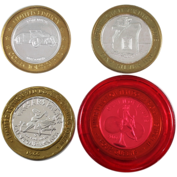 Group Lot of Special Edition 10 Dollar .999 Fine Silver Casino Gaming Tokens. 4pcs. (Tax Exempt)