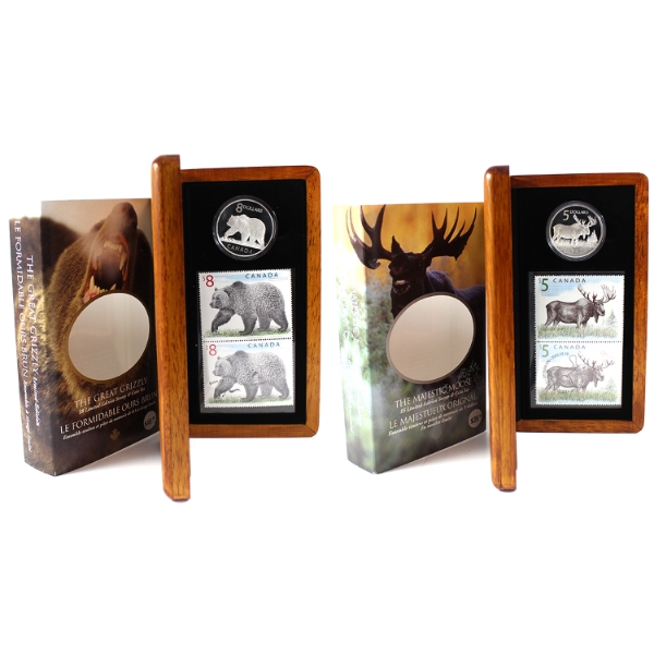 2004  Coin and Stamp Sets $5 Majestic Moose & $8 Great Grizzly. 2pcs. (Tax Exempt)