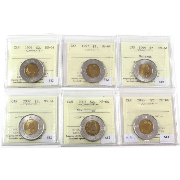 $2 1996, 1997, 1999 Nunavut, 2002, 2003 New Effigy & 2003 Old Effigy ICCS MS64. 6pcs