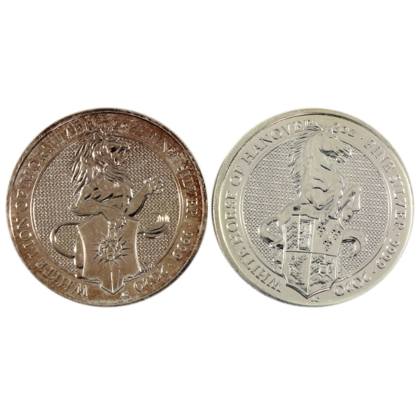 2x 2oz 2020 £5 Queen's Beasts- White Horse of Hanover & White Lion of Mortimer .9999 Fine Silver