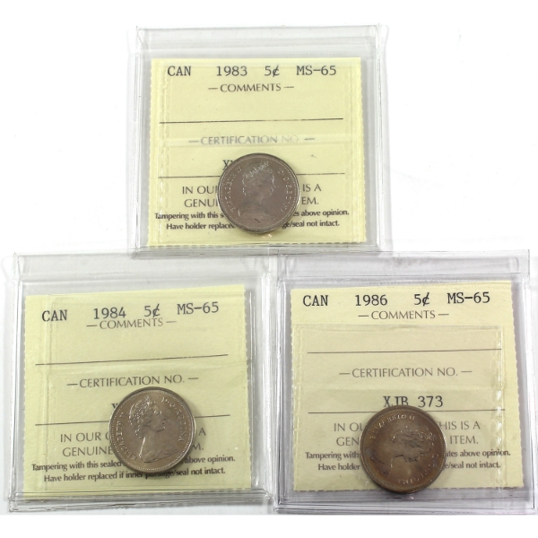 5-cent 1983, 1984, & 1986 ICCS MS65. 3pcs.