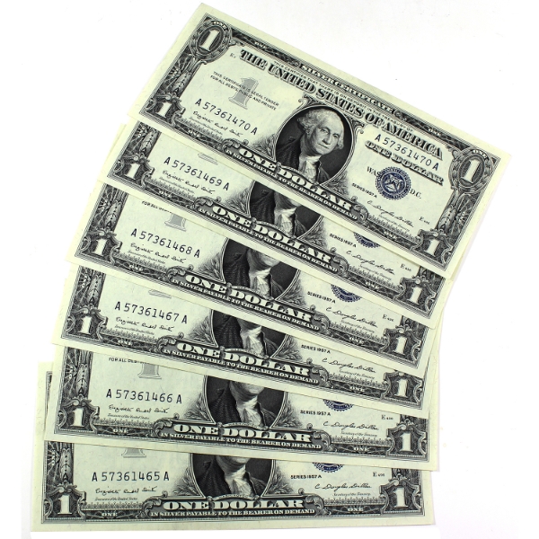 6x Consecutive USA 1957 $1 Silver Certificate Notes. 6 pcs 