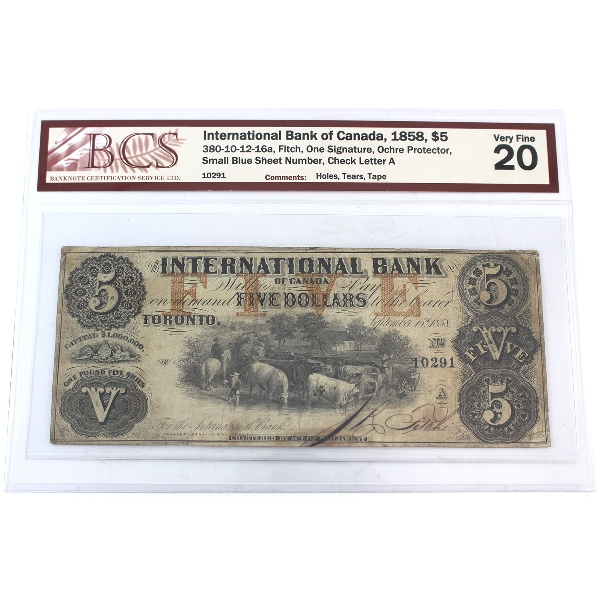 380-10-12-16a 1858 $5 International Bank of Canada BCS VF20 Fitch One Signature 