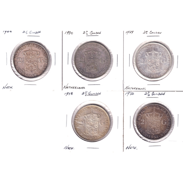 Lot of 5x Netherlands 2 1/2 Gulden Silver Coins - 1929, 1930, 1932, 1938 & 1940. 5pcs
