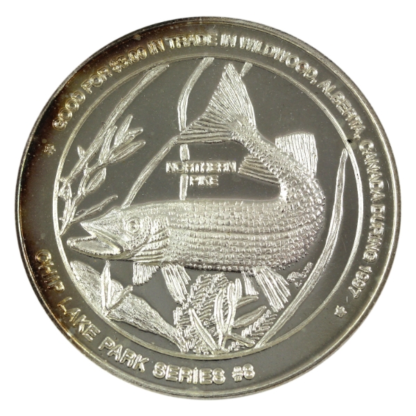 Canada-Wildwood AB 1997 $3 Northern Pike/Elk Trade Dollar 2oz-Silver, 38mm (Tax Exempt)