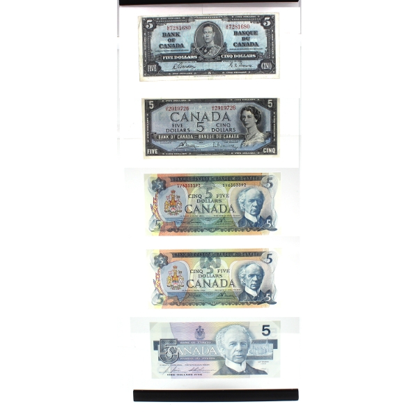 1937-1986 Canadian $5 Banknote Set in Acrylic Display Board