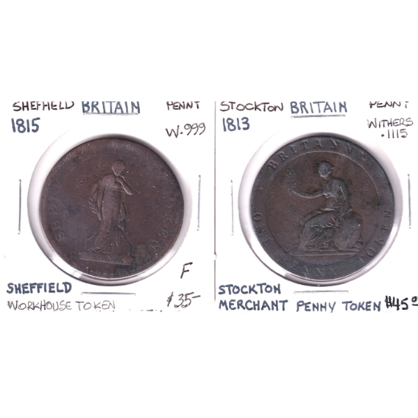 CH# W-1115 & W-999 Britain 1813 & 1815 Penny Tokens. 2pcs.