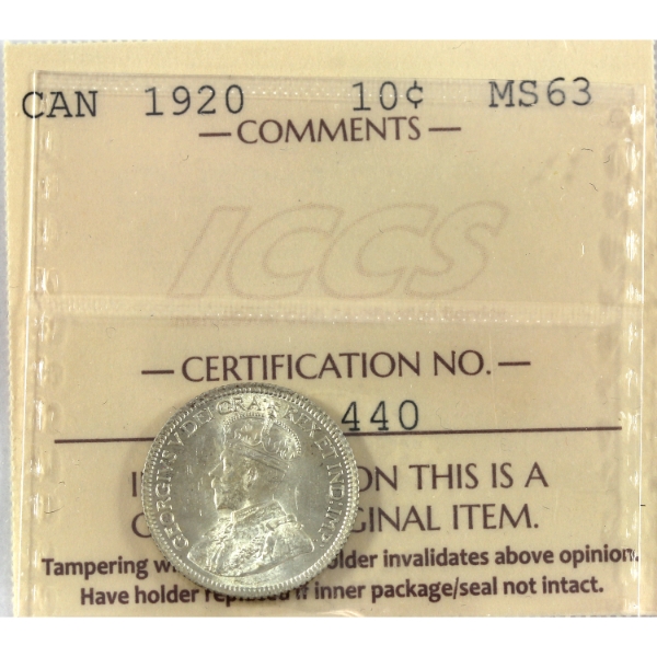 10-cent 1920 ICCS MS63