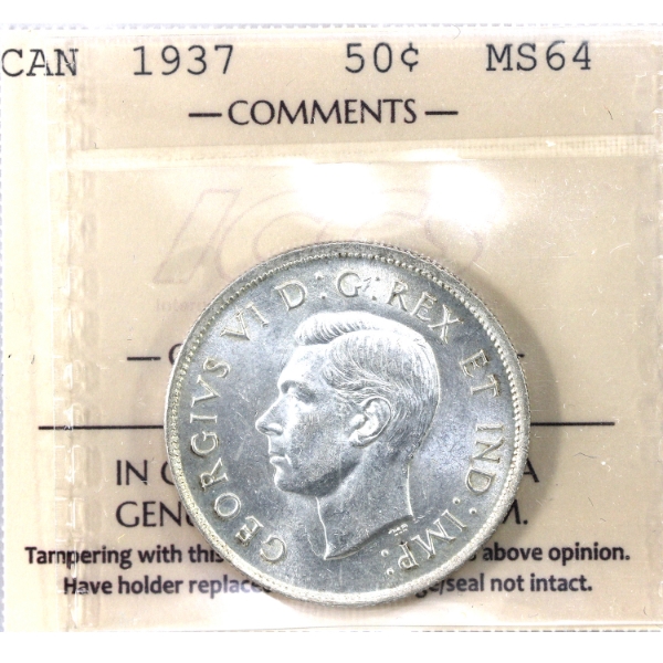 50-cent 1937 ICCS MS64. Soft Golden Tones and Bright Lustre