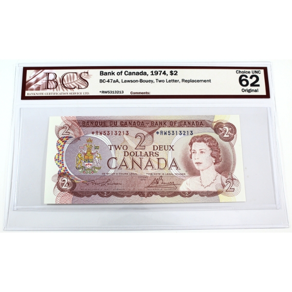 BC-47aA 1974 $2 *RW Two Letter, Replacement BCS CUNC62 Original Lawson-Bouey SN: *RW5313213