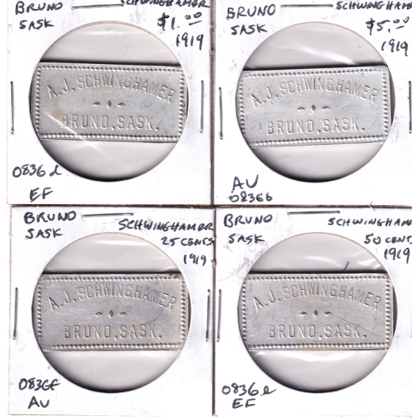 Bruno, Saskatchewan 1919 A.J. Schwinghamer Silver Trade Token Bars. 4pcs