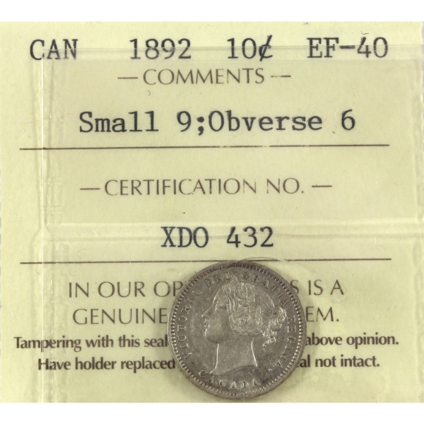 10-cent 1892 Small 9; Obv 6 ICCS EF40