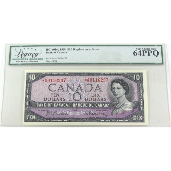 BC-40bA 1954 $10 Replacement Note Legacy CUNC64 PPQ Beattie-Rasminsky SN: *A/D0116237