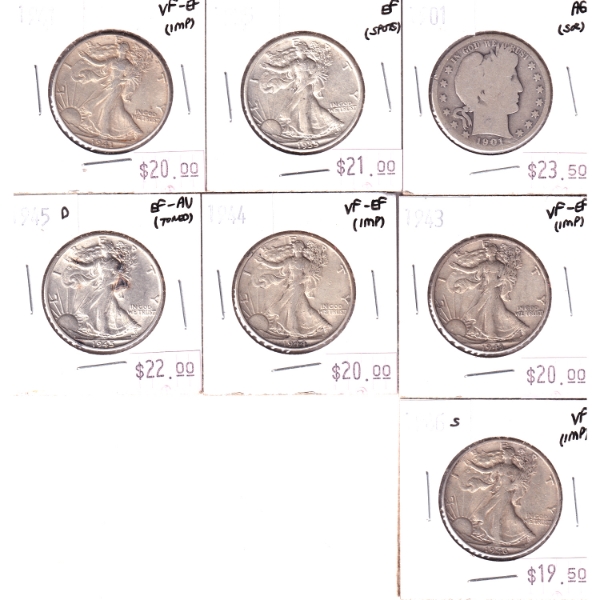 Bulk Lot of USA Silver 1901-1946 Half Dollars AG to EF-AU. 7pcs.