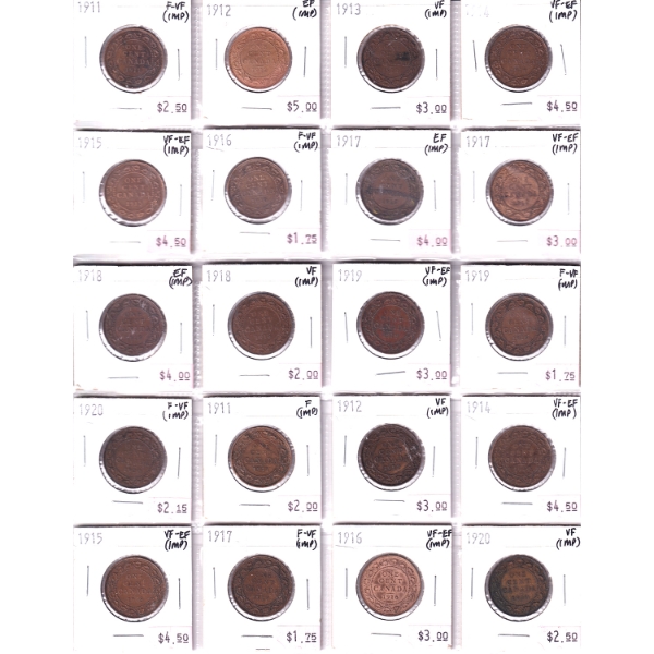 Bulk Collection of 1-cent 1911-1920 F to EF in 20-Pocket Sheet. 20pcs. (Impaired)