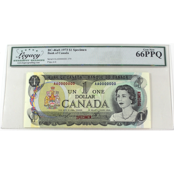 BC-46aS 1973 $1 Specimen Legacy GEM UNC66 PPQ Lawson-Bouey SN: AA0000000 279