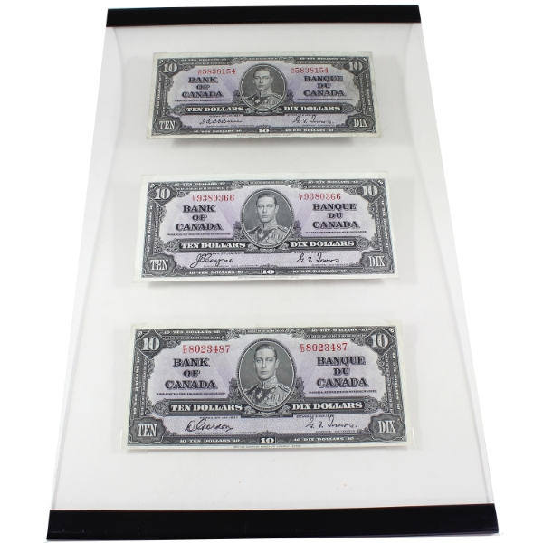 Set of 1937 $10 Banknotes w/ All 3 Signature Varieties in Display Case. 3pcs.