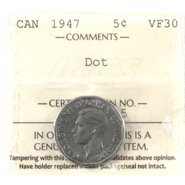 5-cent 1947 Dot ICCS VF30