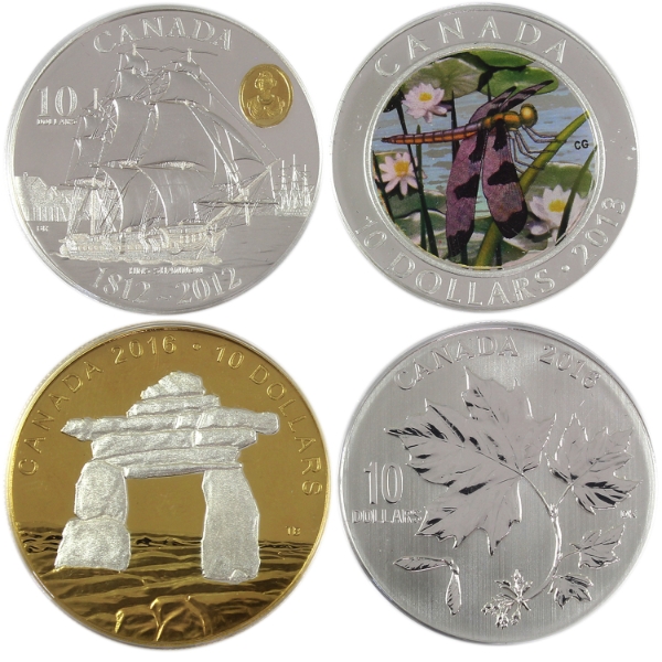 Group Lot of 4x 2012-2016 $10 .999 Fine Silver Coins. 4pcs. (Tax Exempt)