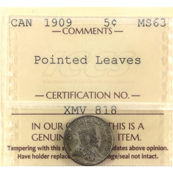5-cent 1909 Pointed Leaves ICCS MS63