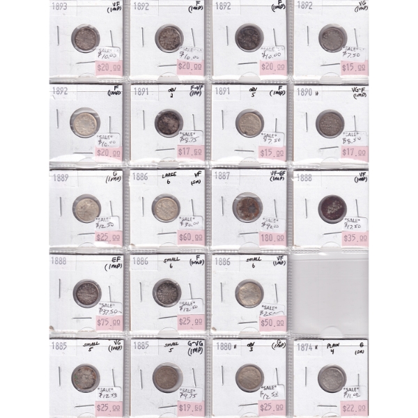 Bulk Collection 5-cent 1870-1893 G to EF in 2x 20-Pockets Sheets. 27pcs