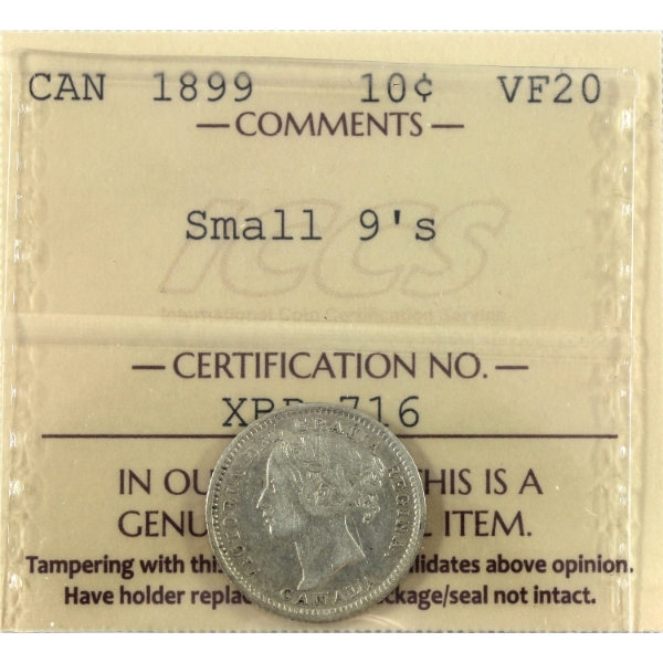 10-cent 1899 Small 9's ICCS VF20