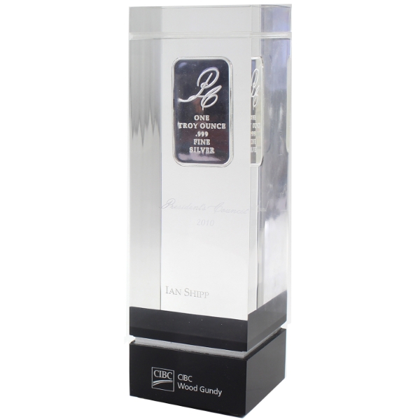 1oz 2010 President's Council .999 Fine Silver Bar Encased in an Acrylic Desk Award CIBC Wood Gundy